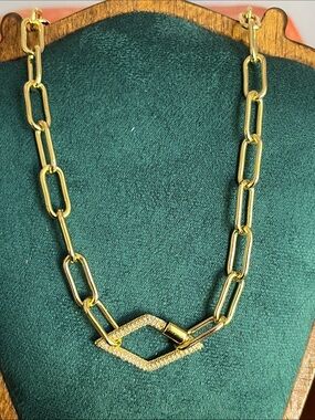 Gold Paperclip Chain Necklace with Pave Hex Pendant - 18-20” carabiner functions